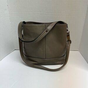 David Jones Paris PU Leather Taupe hobo bucket purse, crossbody strap, pockets